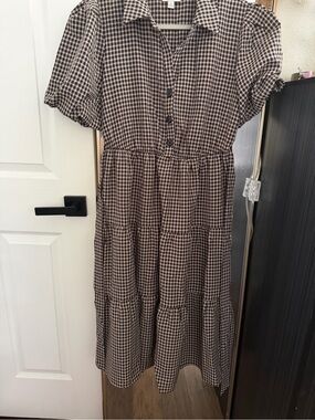 Tiered Brown Gingham Midi Dress with Button Front